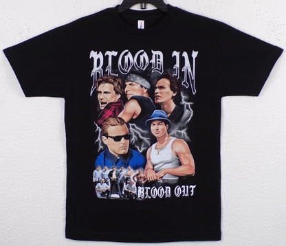 Black “Blood In Blood Out” T-shirt featuring movie poster artwork with Miklo, Cruz, and Paco in detailed silkscreen print.