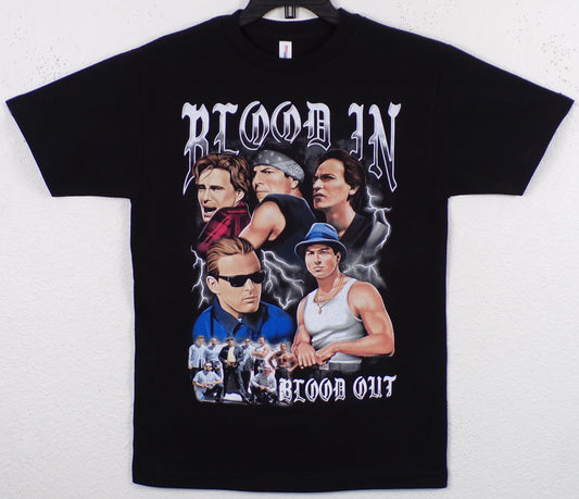 Black “Blood In Blood Out” T-shirt featuring movie poster artwork with Miklo, Cruz, and Paco in detailed silkscreen print.