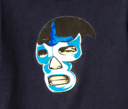 Blue Demon lucha libre mask graphic T-shirt with electric blue and white design on black shirt unisex sizes S–2XL