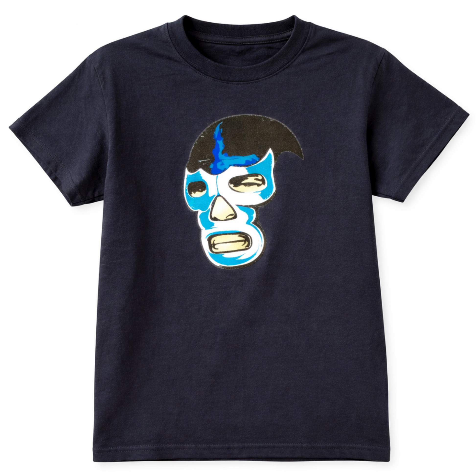 Blue Demon lucha libre mask graphic T-shirt with electric blue and white design on black shirt unisex sizes S–2XL