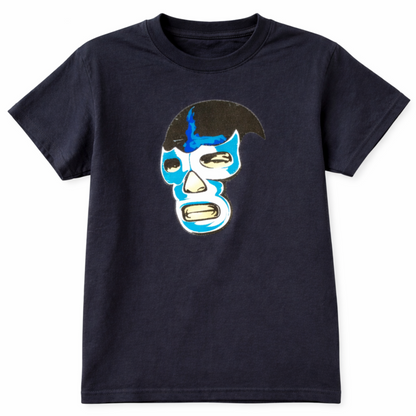 Blue Demon lucha libre mask graphic T-shirt with electric blue and white design on black shirt unisex sizes S–2XL
