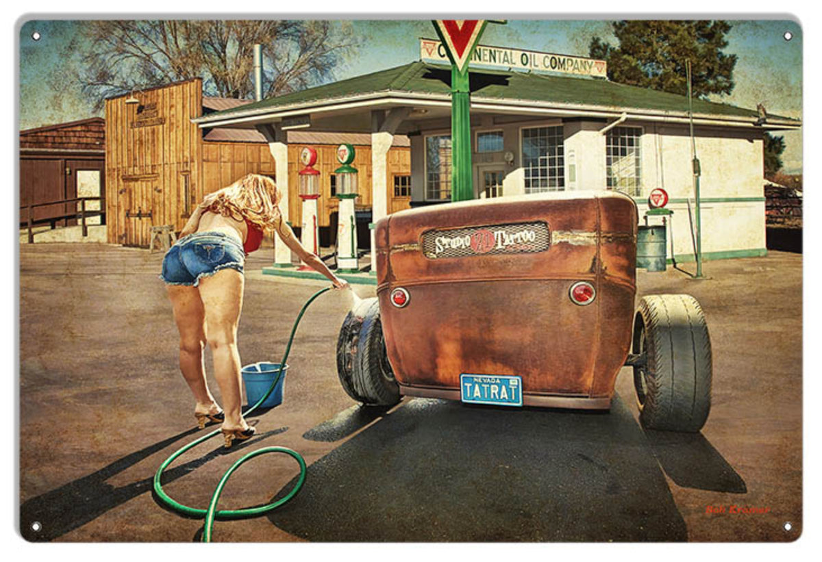 Bob Kramer Rat Rod Car Wash 12"W × 18"H metal sign featuring a blonde woman washing a weathered rat rod at a vintage Continental Oil Company service station.