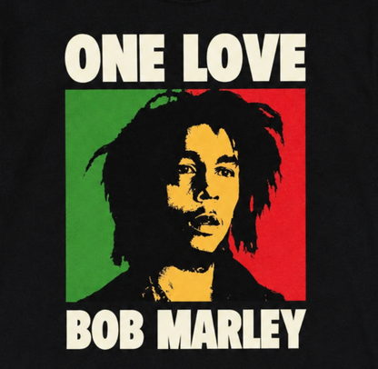 Bob Marley One Love graphic T-shirt with red gold green bars and portrait design unisex sizes S–3XL