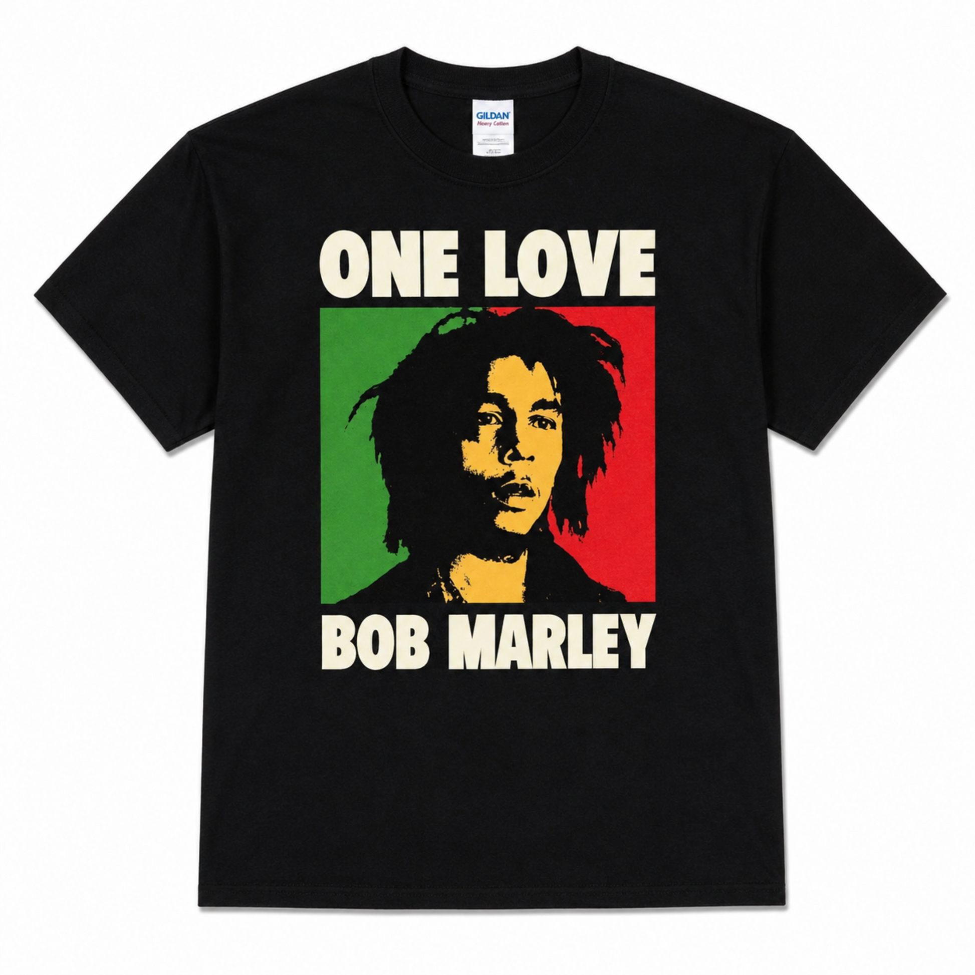 Bob Marley One Love graphic T-shirt with red gold green bars and portrait design unisex sizes S–3XL