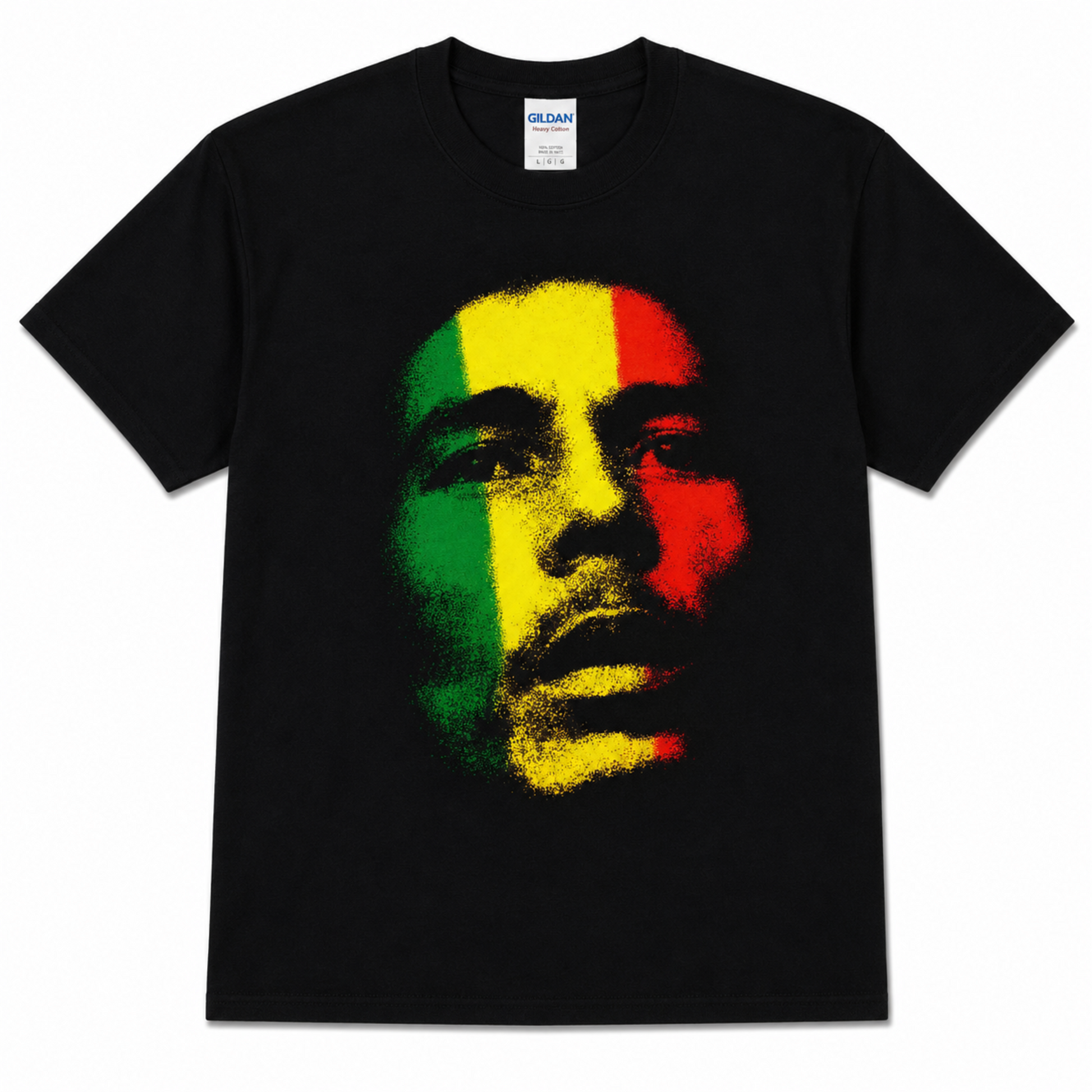 Bob Marley Rasta colors portrait graphic T-shirt red yellow green design unisex sizes S–3XL