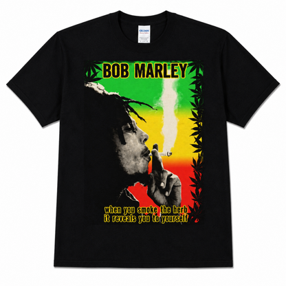 Bob Marley Smoke the Herb graphic T-shirt with rasta colors and quote design unisex sizes S–3XL