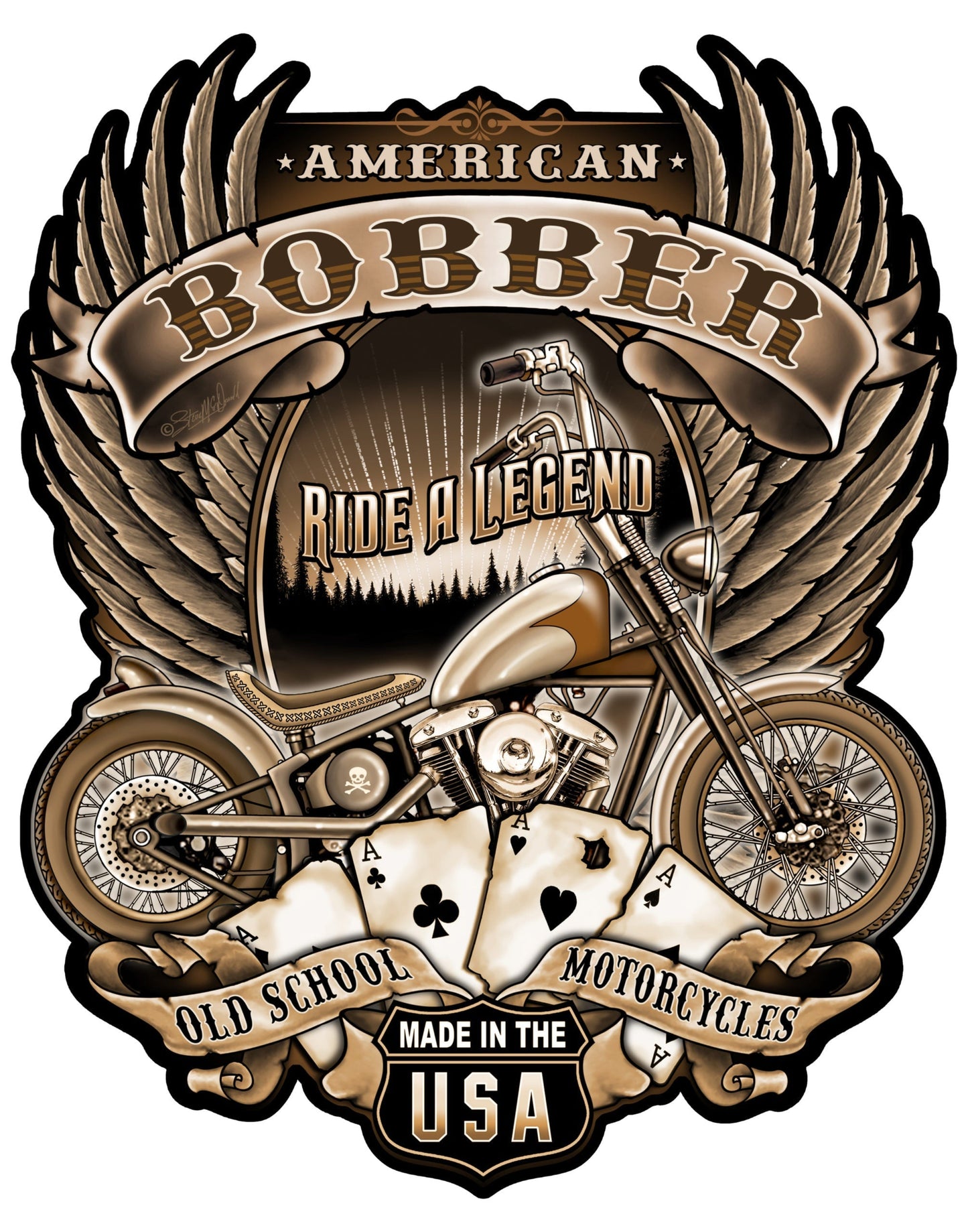 “Bobber Motorcycle” cutout metal garage art sign by Steve McDonald featuring classic American chopper design, wings, and vintage biker style.