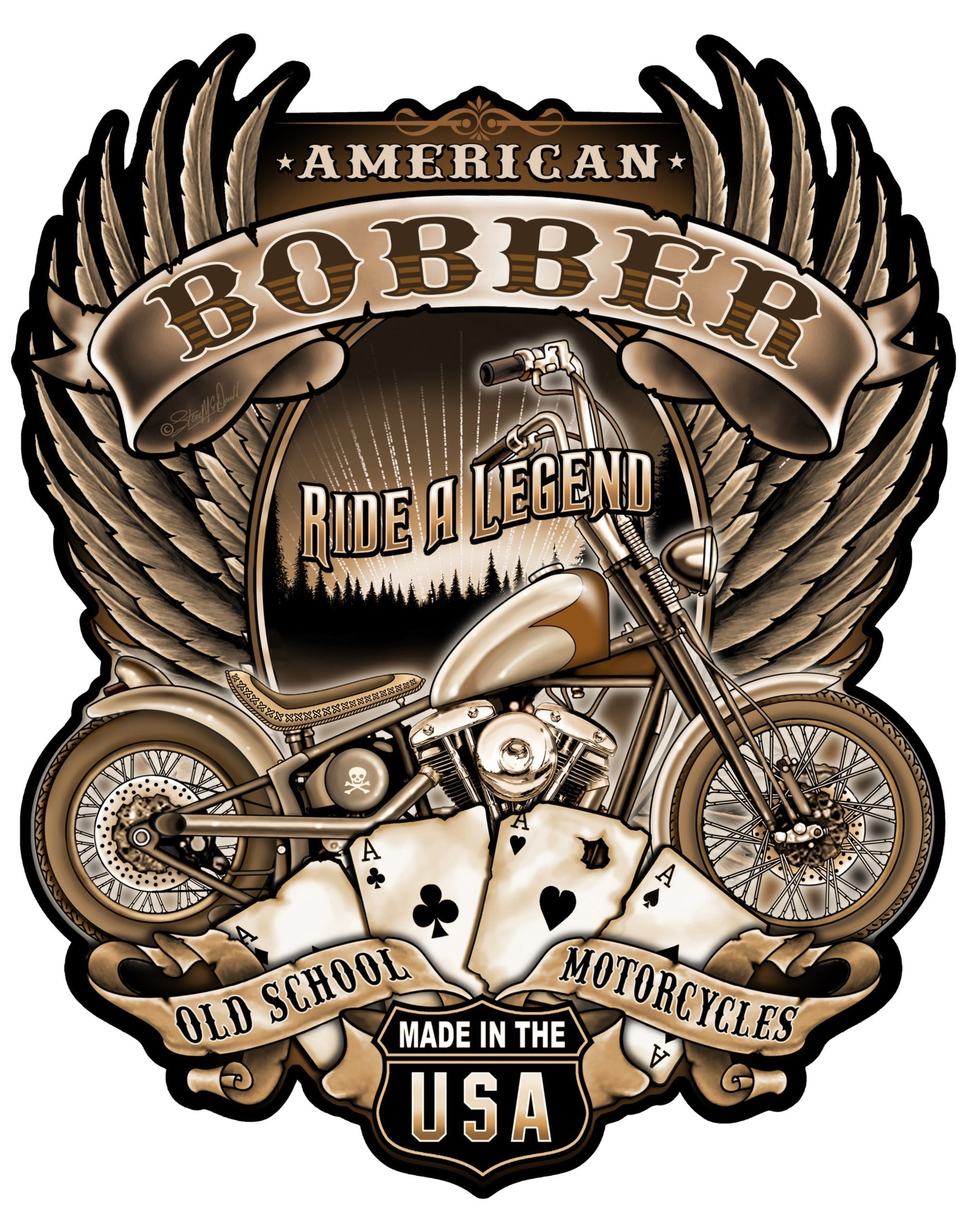 “Bobber Motorcycle” cutout metal garage art sign by Steve McDonald featuring classic American chopper design, wings, and vintage biker style.