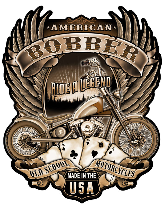 “Bobber Motorcycle” cutout metal garage art sign by Steve McDonald featuring classic American chopper design, wings, and vintage biker style.