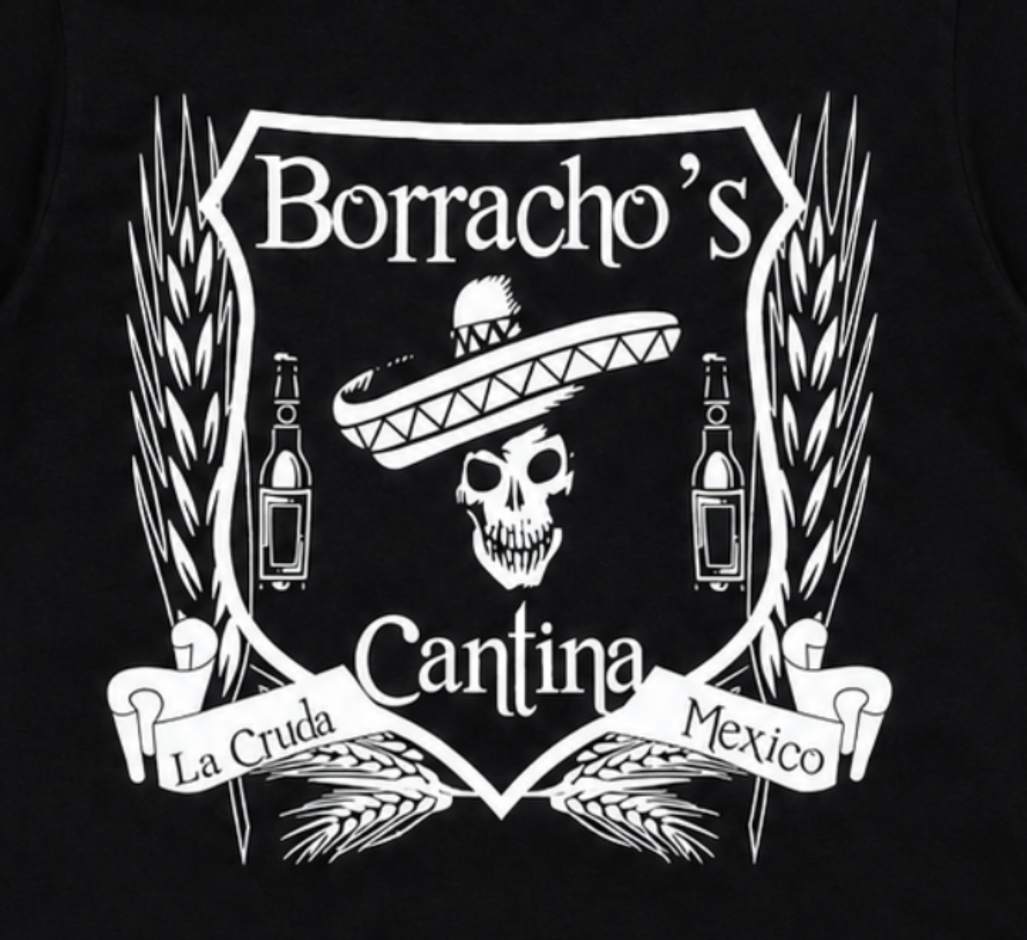 Borracho’s Cantina skull and sombrero graphic T-shirt with vintage bar crest design on black shirt unisex sizes S–3XL