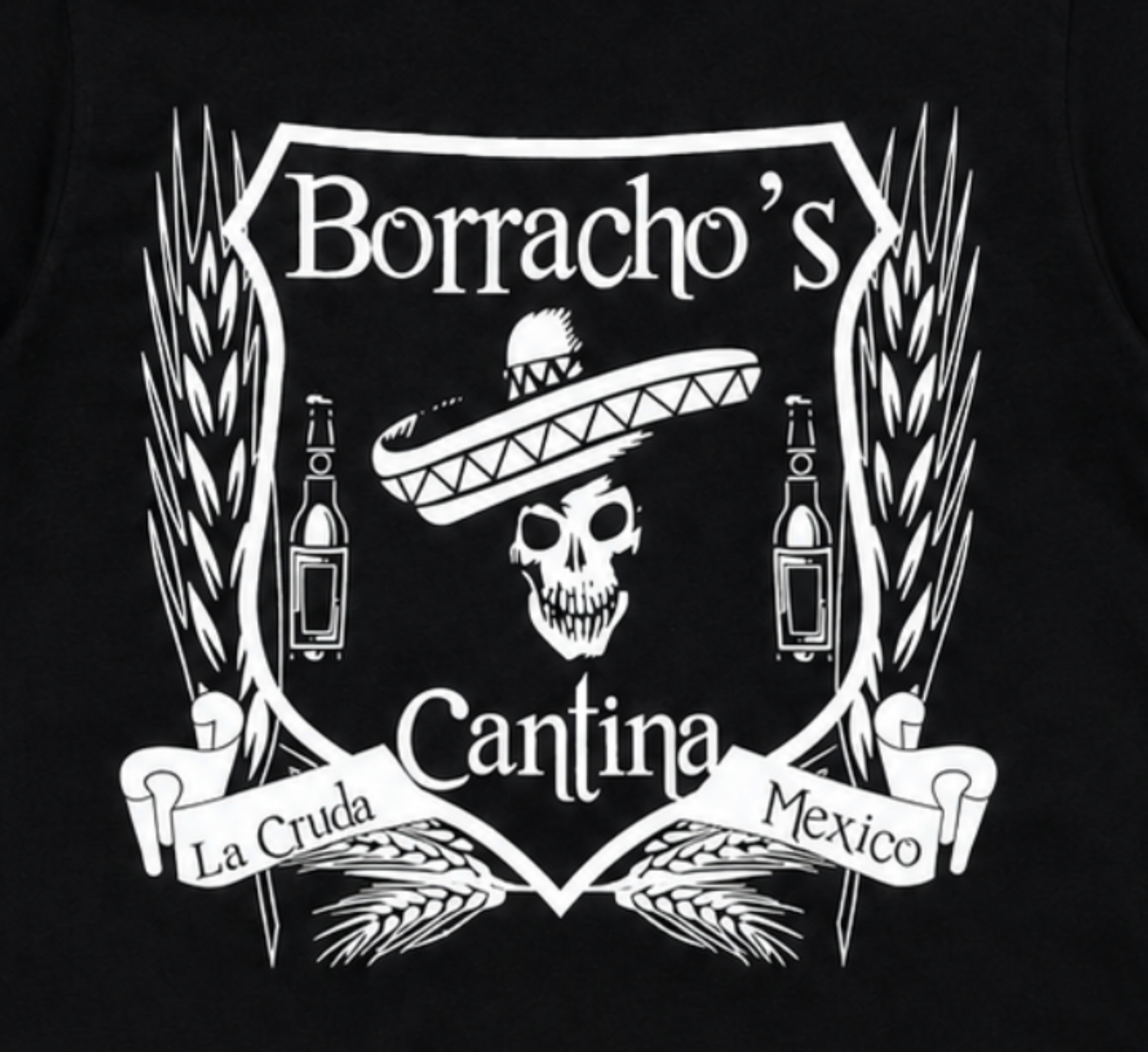 Borracho’s Cantina skull and sombrero graphic T-shirt with vintage bar crest design on black shirt unisex sizes S–3XL