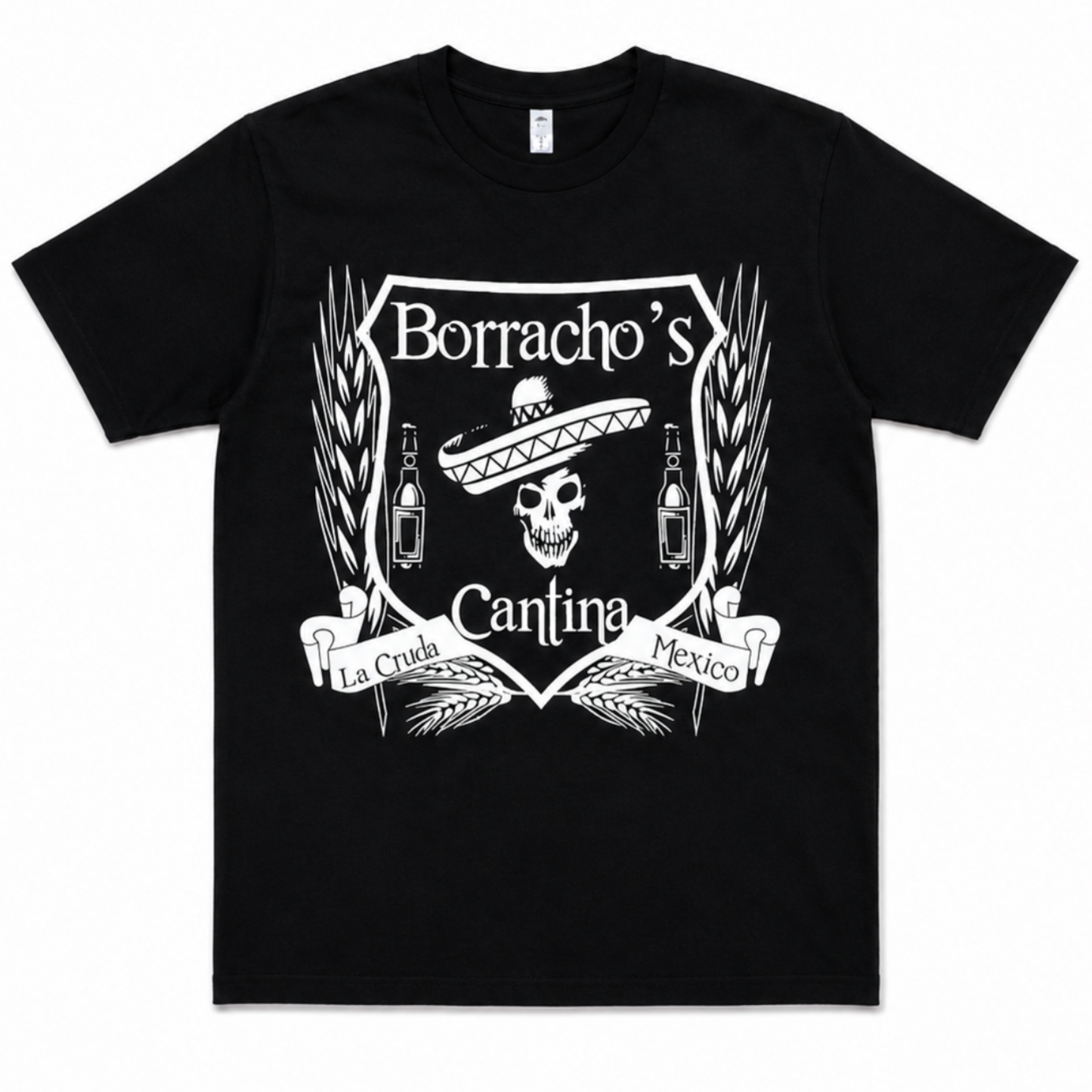 Borracho’s Cantina skull and sombrero graphic T-shirt with vintage bar crest design on black shirt unisex sizes S–3XL