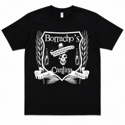 Borracho’s Cantina skull and sombrero graphic T-shirt with vintage bar crest design on black shirt unisex sizes S–3XL