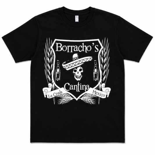 Borracho’s Cantina skull and sombrero graphic T-shirt with vintage bar crest design on black shirt unisex sizes S–3XL