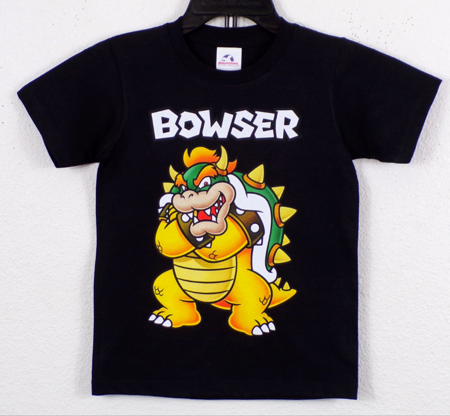 Bowser Youth Unisex Silkscreen T-Shirt – XS–XL, bold Bowser graphic on black cotton shirt.
