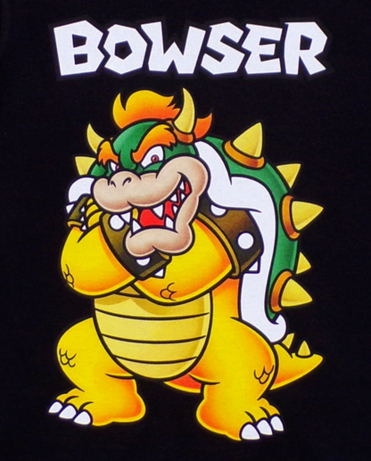 Bowser Youth Unisex Silkscreen T-Shirt – XS–XL, bold Bowser graphic on black cotton shirt.