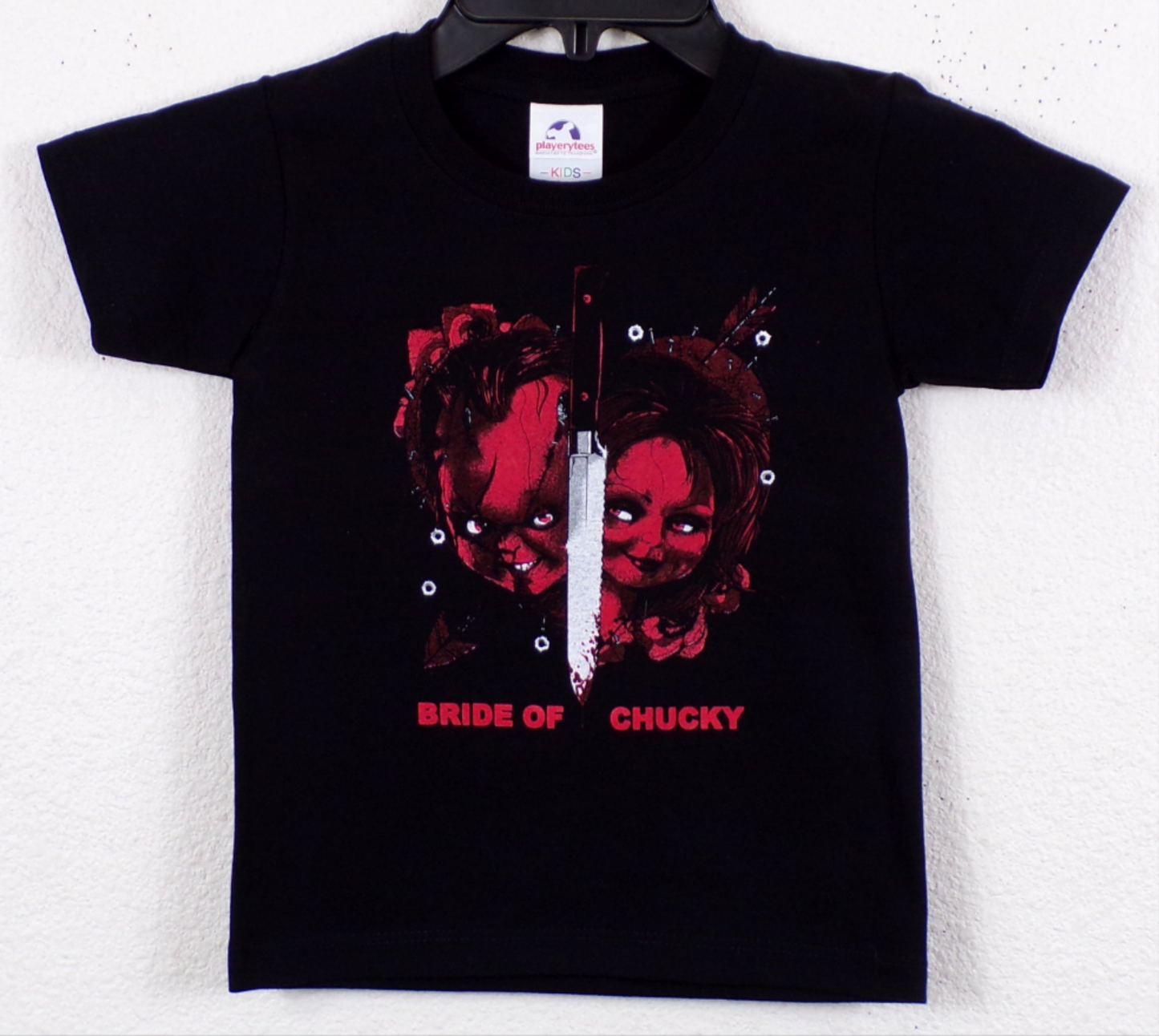 Bride of Chucky youth unisex horror T-shirt with Chucky and Tiffany graphic