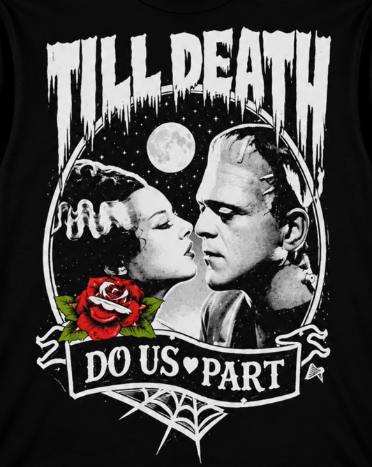 Close-up of the Till Death Do Us Part shirt showing Bride of Frankenstein and Frankenstein’s monster face-to-face with a full moon, red rose and spiderwebs.