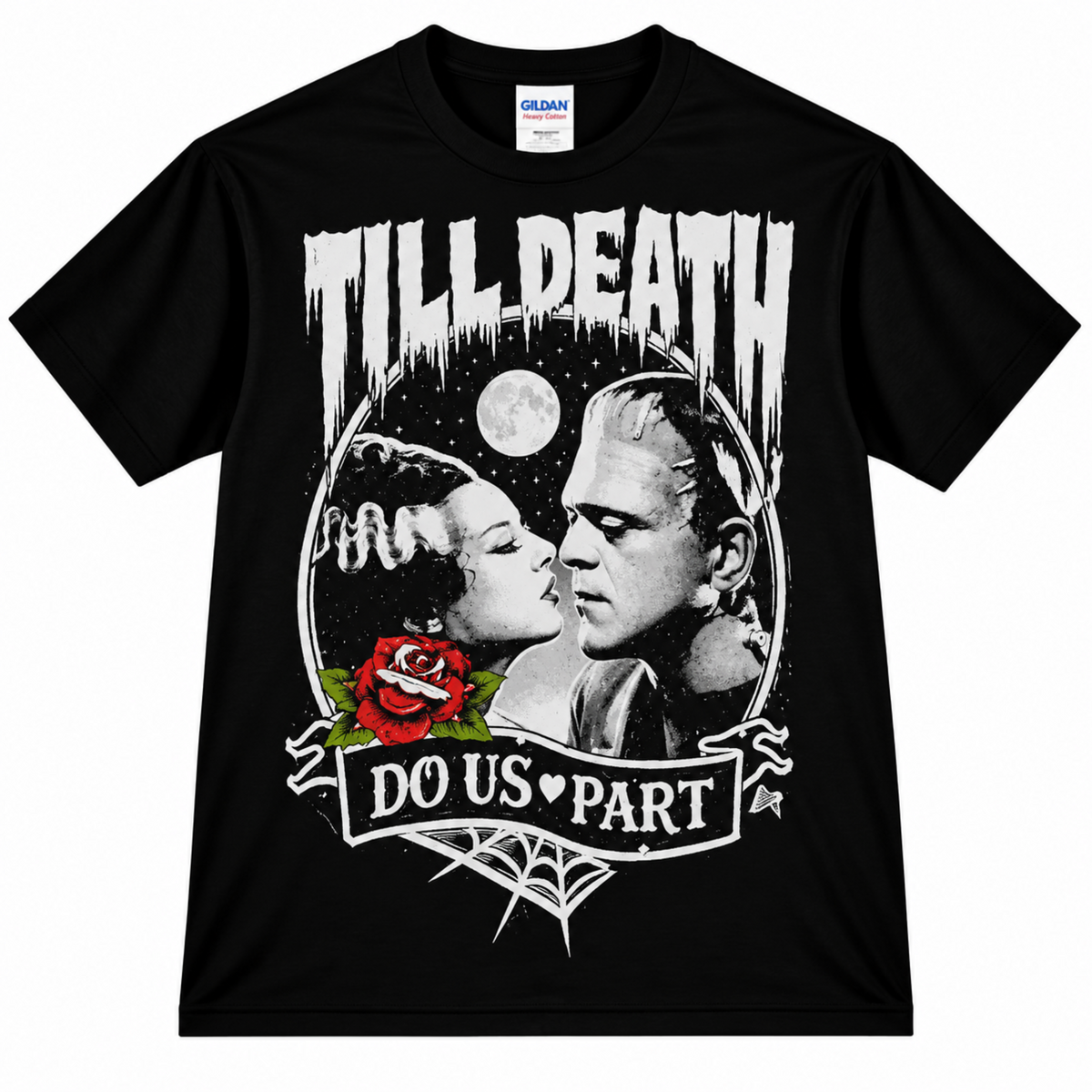 Black Till Death Do Us Part T-shirt featuring Bride of Frankenstein and Frankenstein’s monster beneath a full moon with a red rose and gothic details.