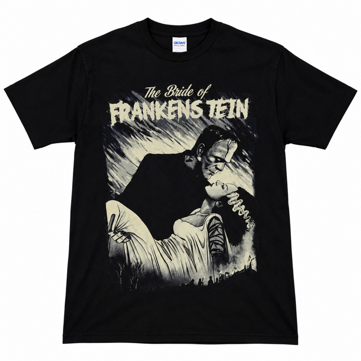 Bride of Frankenstein black graphic T-shirt featuring Frankenstein’s Monster and the Bride kissing beneath the distressed movie title in muted vintage colors.