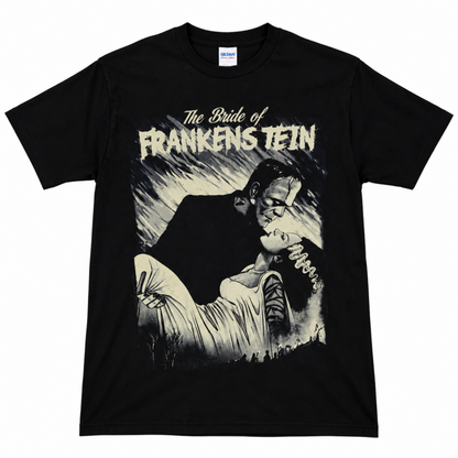 Bride of Frankenstein black graphic T-shirt featuring Frankenstein’s Monster and the Bride kissing beneath the distressed movie title in muted vintage colors.