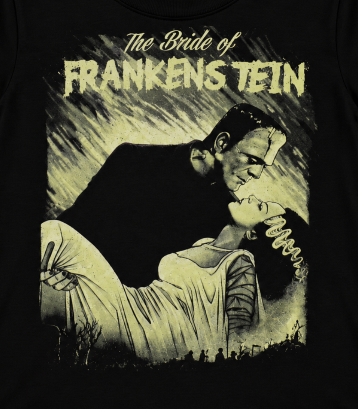 Bride of Frankenstein kissing Frankenstein’s Monster in muted green and cream vintage horror artwork