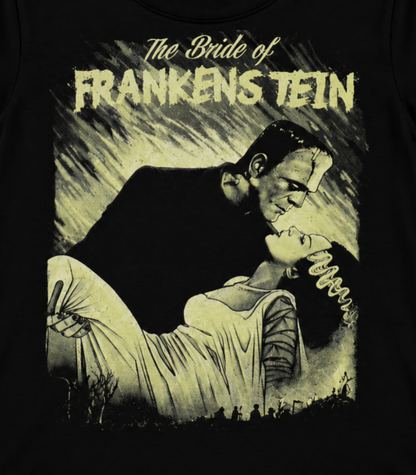 Bride of Frankenstein kissing Frankenstein’s Monster in muted green and cream vintage horror artwork