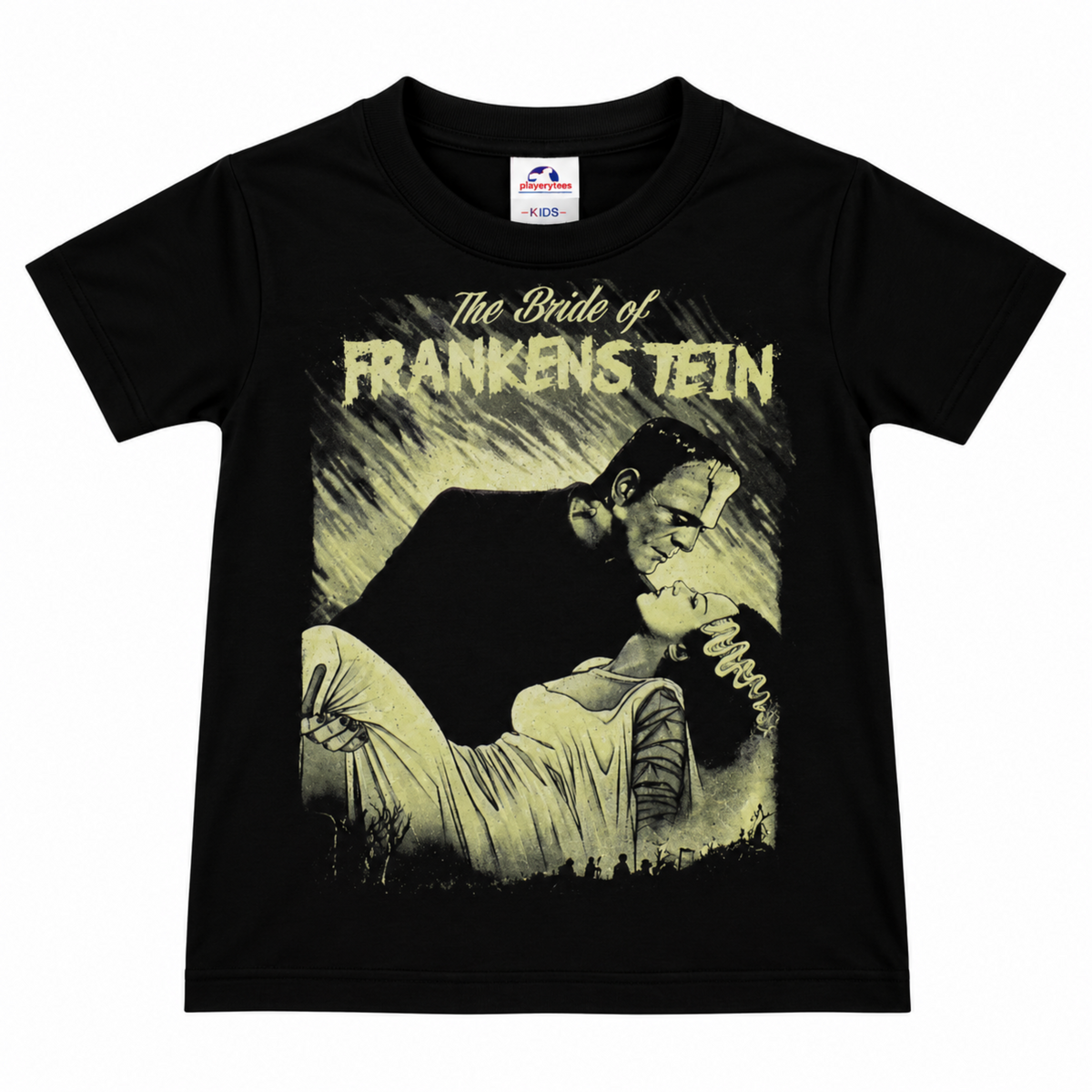 Bride of Frankenstein Kissing black youth T-shirt featuring the Bride kissing Frankenstein’s Monster in vintage horror artwork