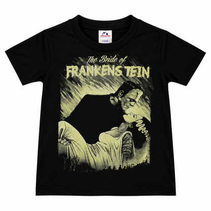 Bride of Frankenstein Kissing black youth T-shirt featuring the Bride kissing Frankenstein’s Monster in vintage horror artwork