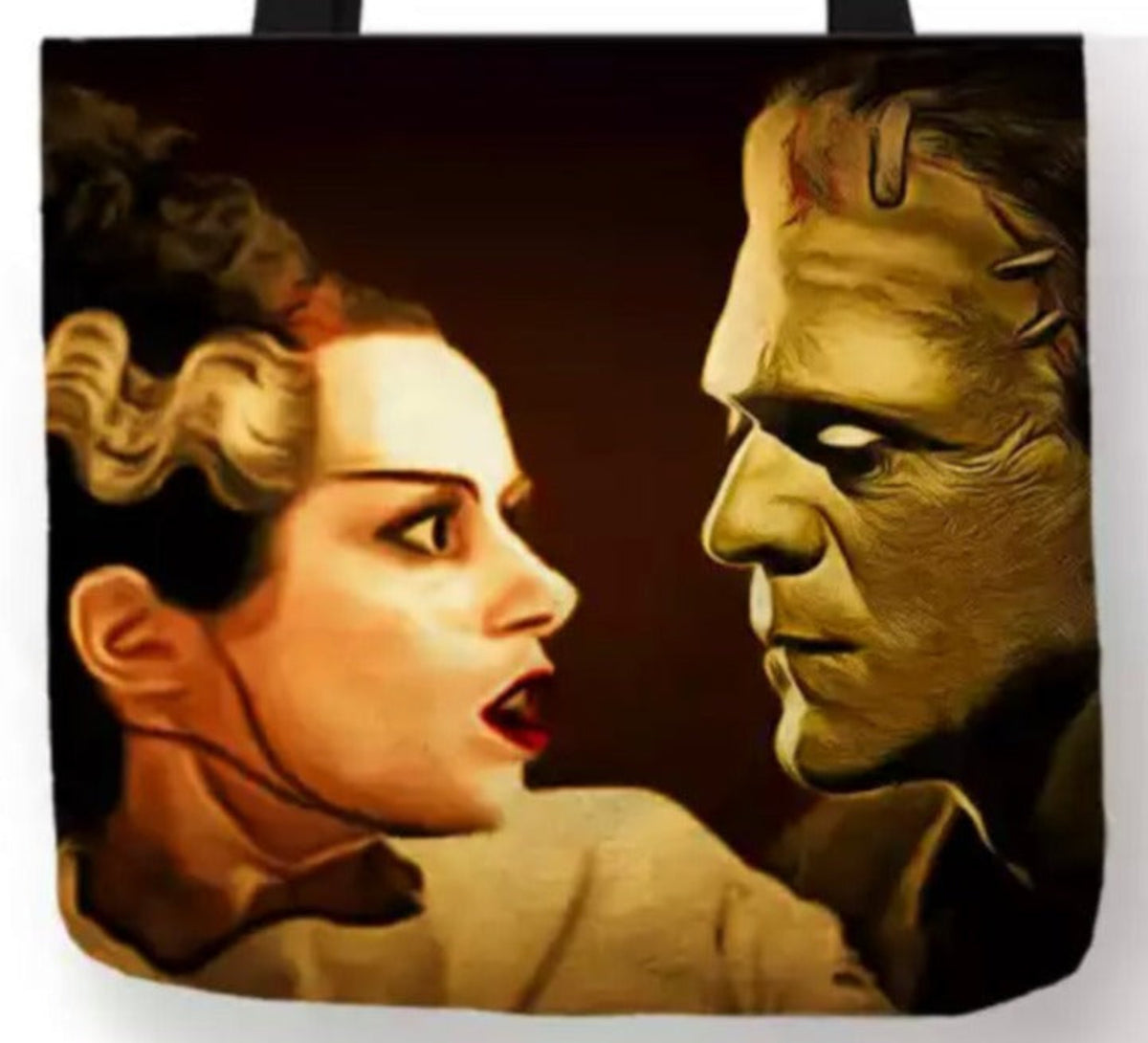 Close-up of Bride of Frankenstein artwork featuring Elsa Lanchester's Bride with white-streaked hair facing Boris Karloff's Frankenstein's Monster, with warm golden lighting and dark gothic shadows.