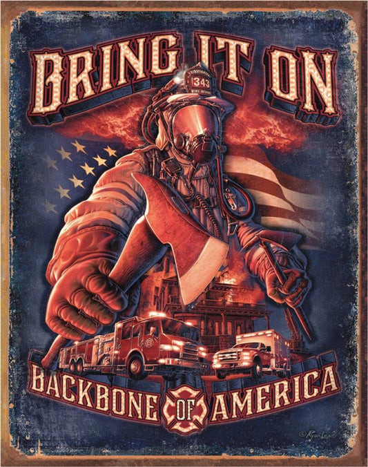 Bring It On firefighters patriotic tinplate metal sign featuring fireman with axe, fire trucks, and American flag background, 16 inches tall by 12.5 inches wide.