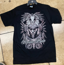 Load image into Gallery viewer, &quot;Brown Pride&quot; Adult Unisex Silkscreen T-Shirt featuring an intricate Aztec warrior design on a black background. Available in sizes Small-2XL.
