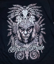 Load image into Gallery viewer, &quot;Brown Pride&quot; Adult Unisex Silkscreen T-Shirt featuring an intricate Aztec warrior design on a black background. Available in sizes Small-2XL.
