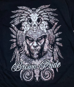 "Brown Pride" Adult Unisex Silkscreen T-Shirt featuring an intricate Aztec warrior design on a black background. Available in sizes Small-2XL.