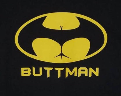 Buttman parody logo T-shirt with yellow and black design on black shirt unisex sizes S–2XL