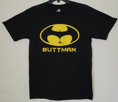 Buttman parody logo T-shirt with yellow and black design on black shirt unisex sizes S–2XLL.