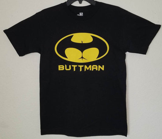 Buttman parody logo T-shirt with yellow and black design on black shirt unisex sizes S–2XLL.