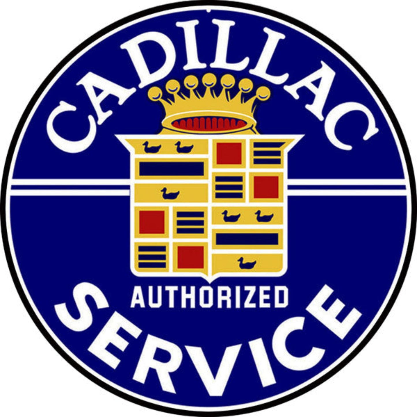 Vintage-style Cadillac Authorized Service dealer sign, 14-inch round, perfect for garages, man caves, and collectors.