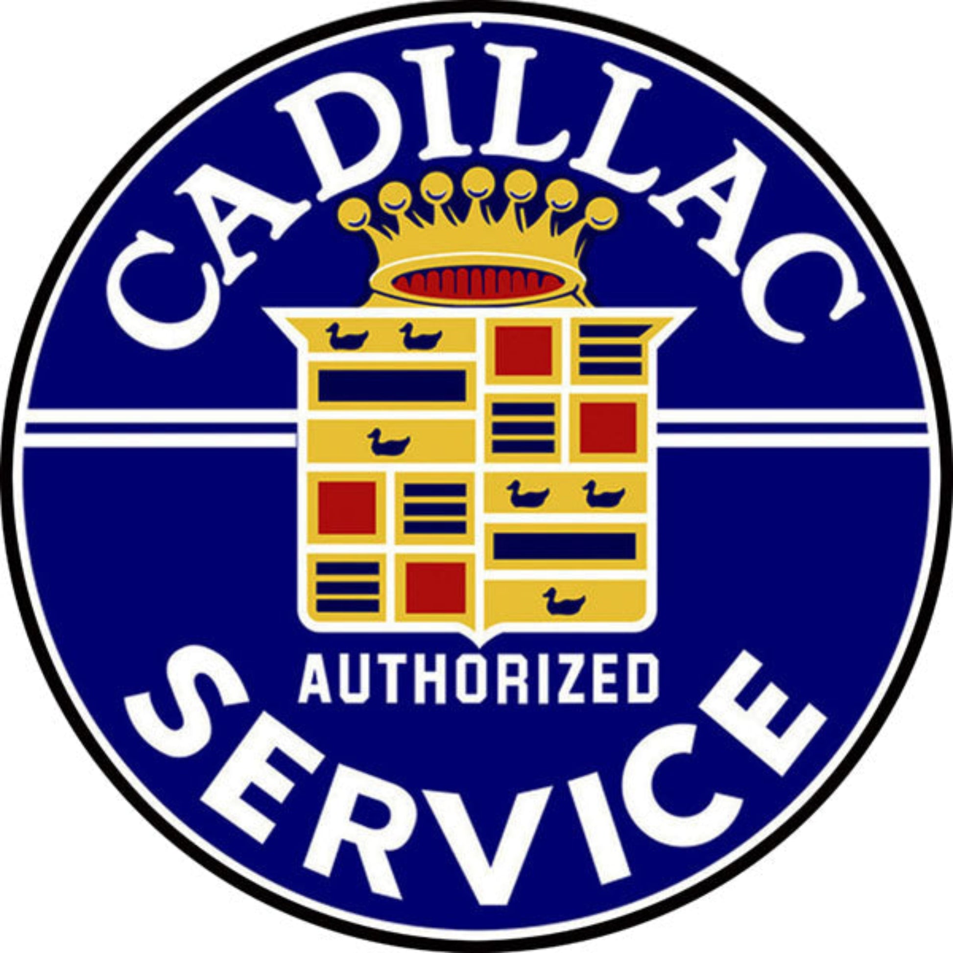 Vintage-style Cadillac Authorized Service dealer sign, 14-inch round, perfect for garages, man caves, and collectors.