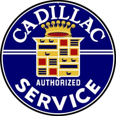 Vintage-style Cadillac Authorized Service dealer sign, 14-inch round, perfect for garages, man caves, and collectors.