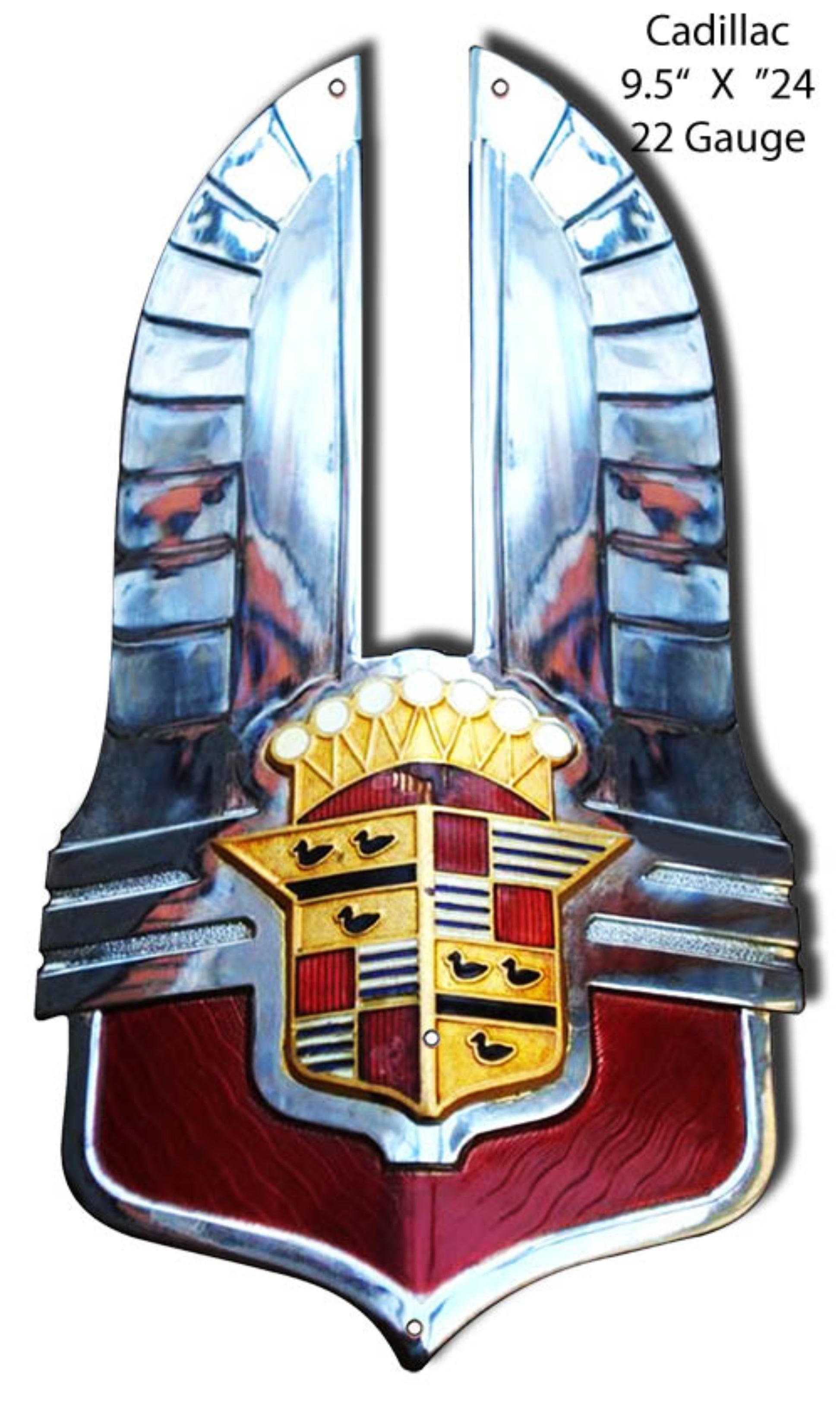 Laser-cut metal Cadillac hood ornament wall sign featuring the mid-century crest design in red, gold, and chrome tones.