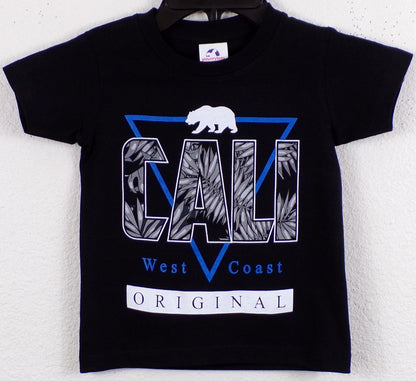 Youth wearing a "Cali West Coast Original" silkscreen T-shirt, featuring a bold, vibrant design that reflects laid-back California vibes. The ultra-soft, unisex tee is styled casually, perfect for young trendsetters. Available in XS-XL
