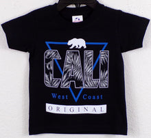 Load image into Gallery viewer, Youth wearing a &quot;Cali West Coast Original&quot; silkscreen T-shirt, featuring a bold, vibrant design that reflects laid-back California vibes. The ultra-soft, unisex tee is styled casually, perfect for young trendsetters. Available in XS-XL
