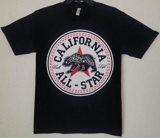 Front: Black adult unisex California All Stars Cali Life T-shirt featuring an old-school Chuck-inspired circular design with California All-Star lettering, Cali Life text, and a California bear, available in sizes Small through 3X-Large.