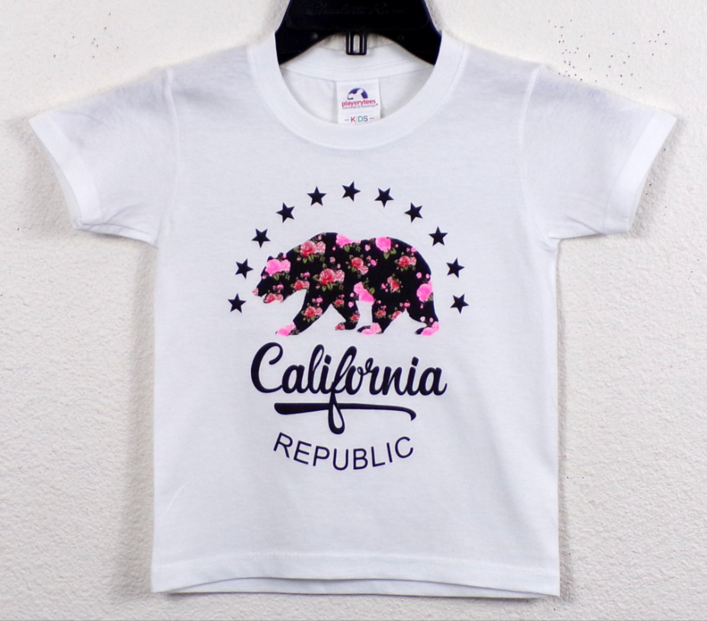 California Republic – Floral Bear Youth Unisex Silkscreen T-Shirt – XS–XL, white cotton tee with floral bear and star design.