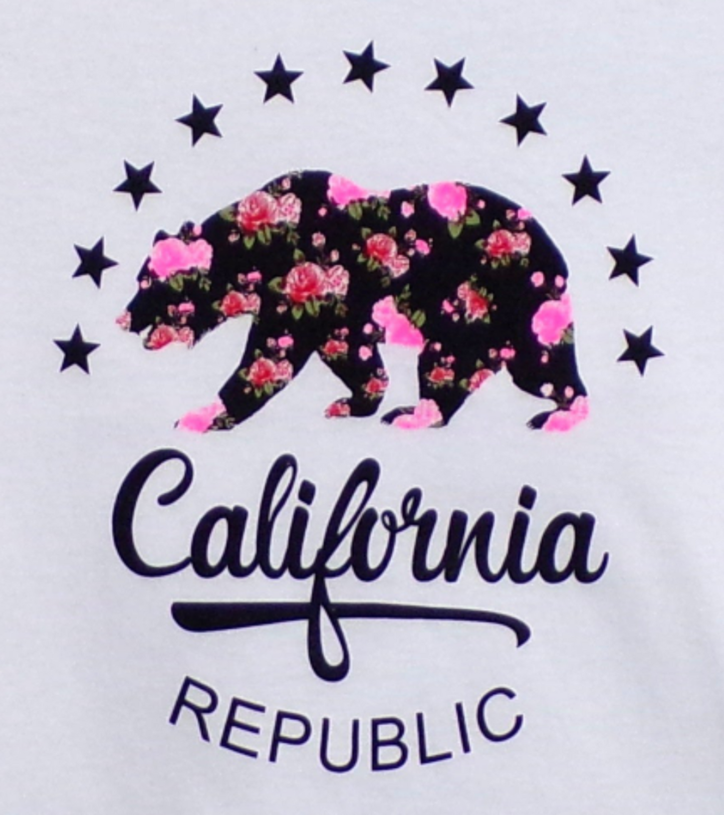 California Republic – Floral Bear Youth Unisex Silkscreen T-Shirt – XS–XL, white cotton tee with floral bear and star design.