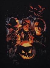 Load image into Gallery viewer, campfire trio adult silkscreen t-shirt available from small-3xl unisex movie michael meyers jason voorhees freddy krueger horror apparel shirts tops
