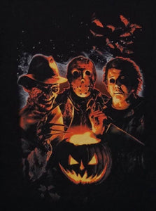campfire trio adult silkscreen t-shirt available from small-3xl unisex movie michael meyers jason voorhees freddy krueger horror apparel shirts tops