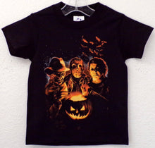 Load image into Gallery viewer, black youth silkscreen T-shirt featuring campfire trio michael, freddy, &amp; jason in vibrant orange design, available in sizes XS to XL from JB Accessories05
