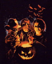 Load image into Gallery viewer, black youth silkscreen T-shirt featuring campfire trio michael, freddy, &amp; jason in vibrant orange design, available in sizes XS to XL from JB Accessories05
